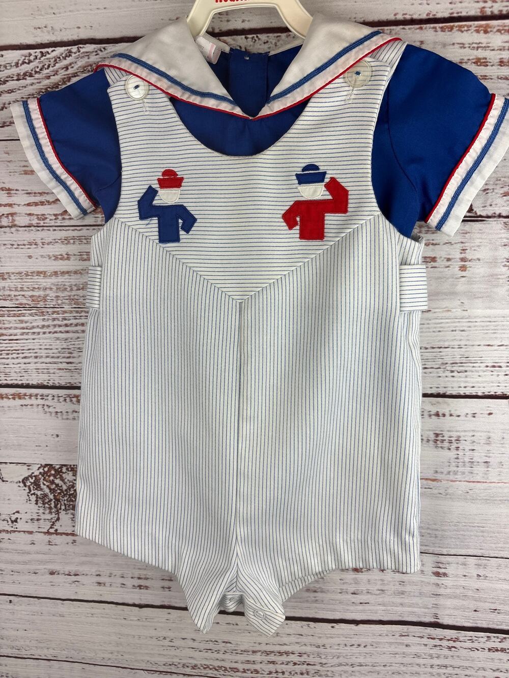 VTG 80s Little Boys Blue White Overall Romper Shawl Collar Sailor Nautical 24M